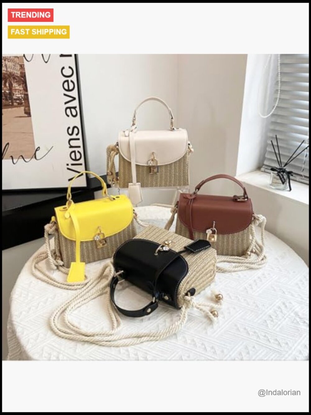 Faux Leather & Straw Patchwork Crossbody Beach Bag, Summer Woven Shoulder Bag - Picture 3 of 6